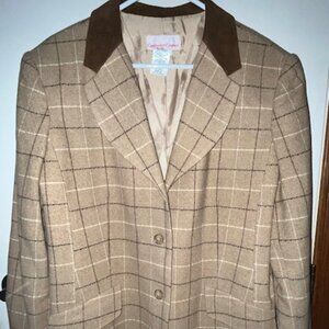 Camel Blazer, Brown Corduroy Collar, Pin Stripe Checked pattern, sz 16P